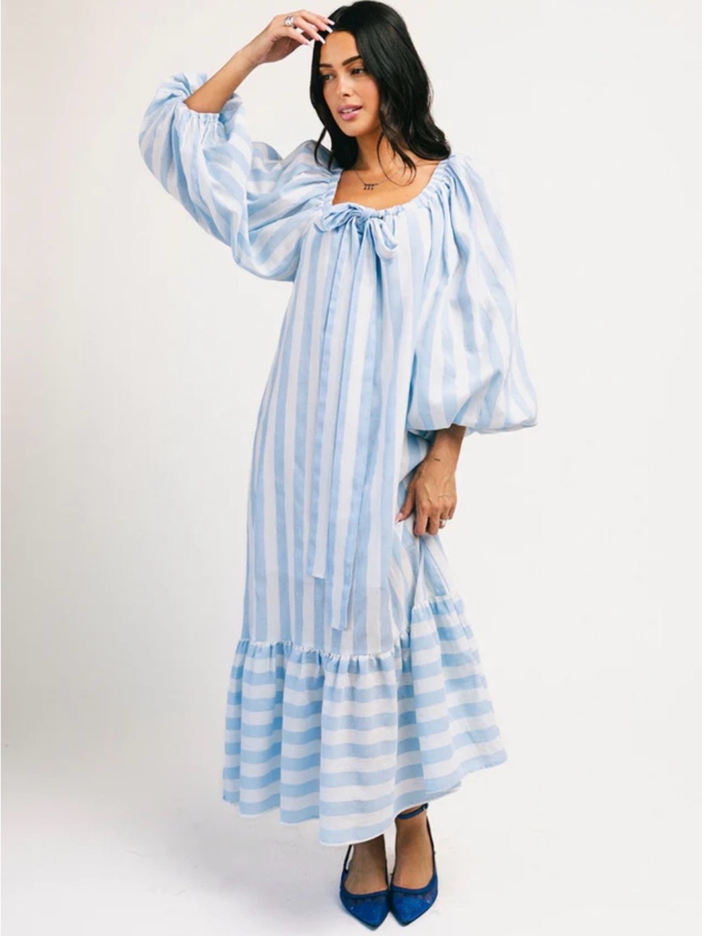 Light Blue & White Striped Maxi Dress